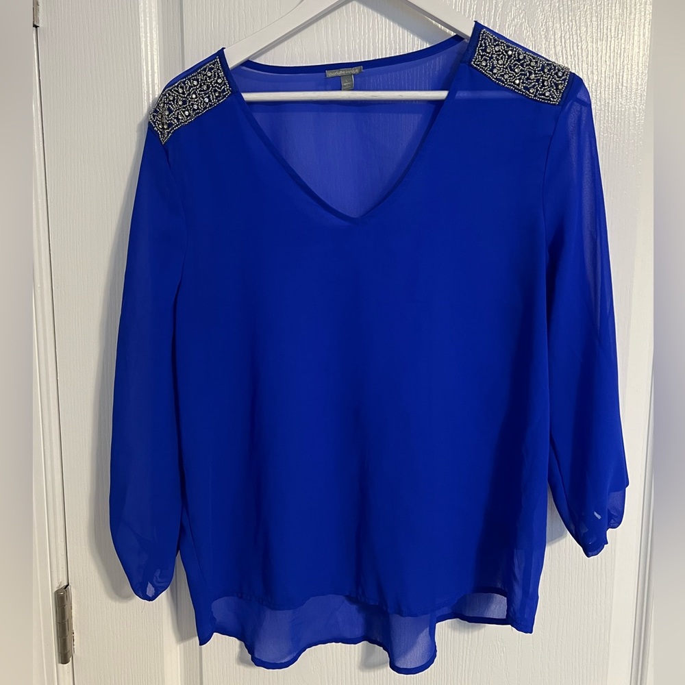 Blue sheer Charlotte Russe top large with bead shoulder detail